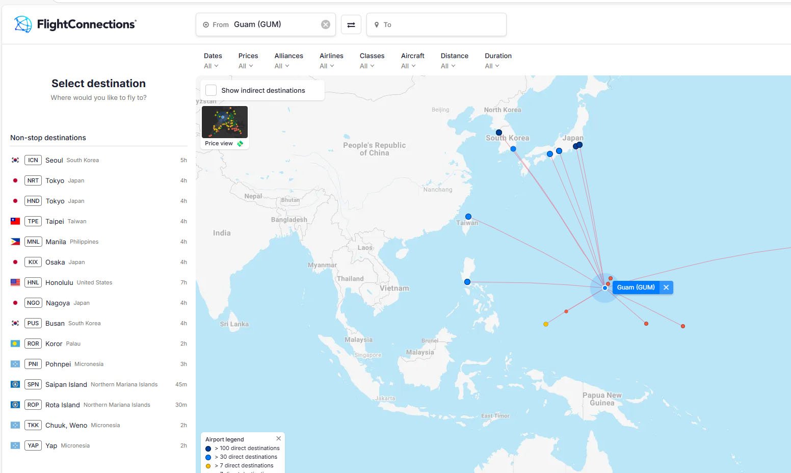 All Airports you can fly to from Guam. Use flight connections to help plan a multi city trip!