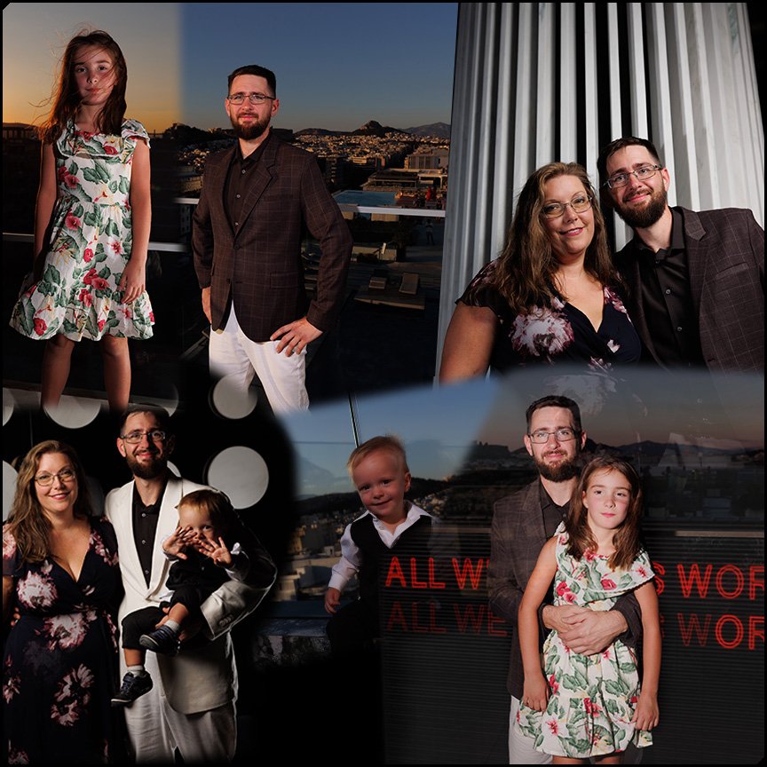 Family photoshoot on the rooftop of the Grand Hyatt Athens with Acropolis views — a memorable stop on a Greece trip booked with points