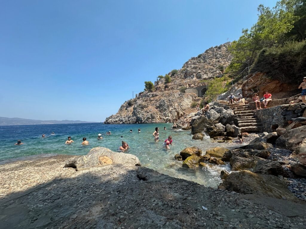 best beaches in Hydra for kids, Avlaki Beach Hydra, family swimming spots Hydra Greece