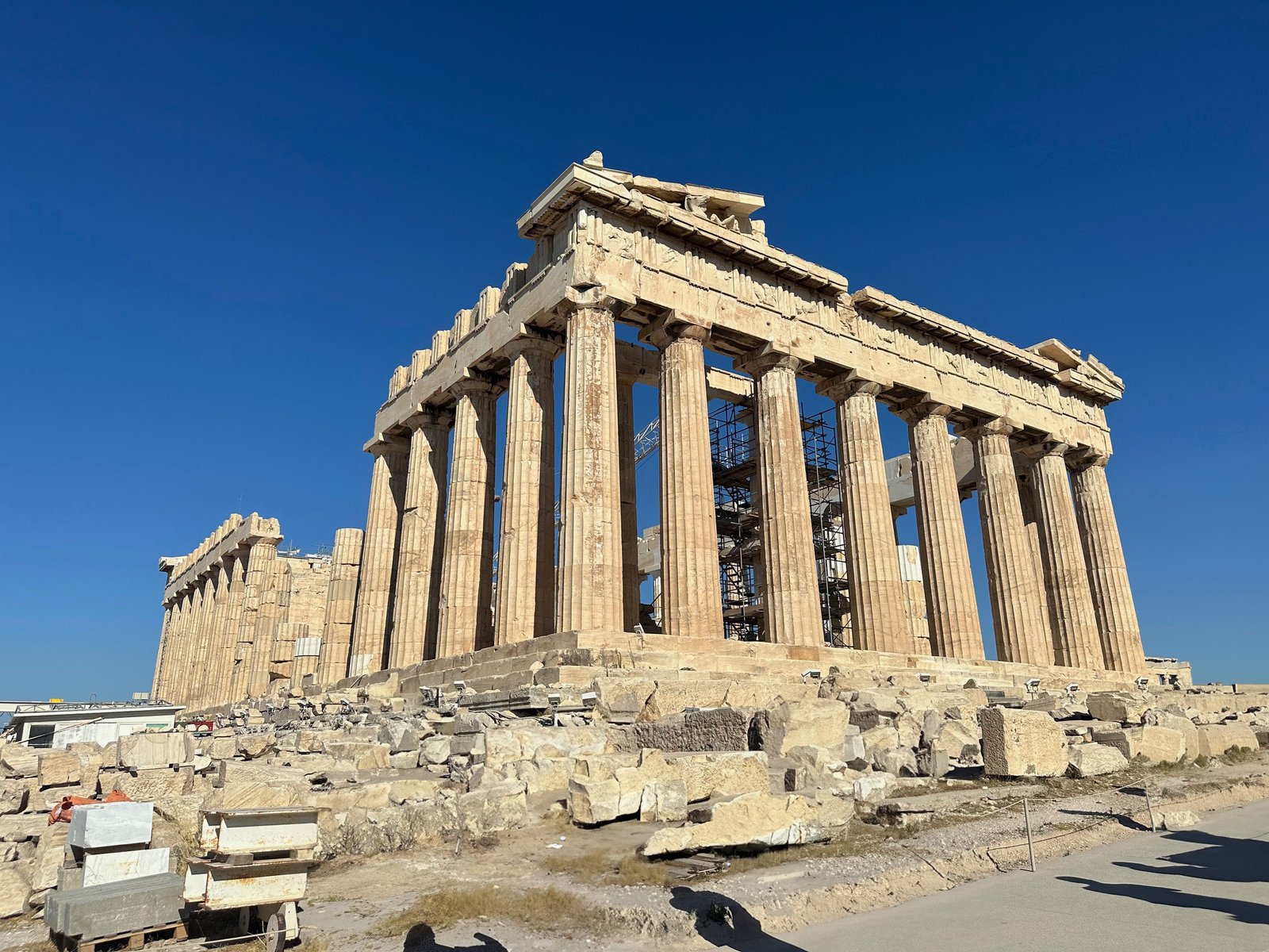 Rear view of the Parthenon with visible restoration efforts, highlighting affordable cultural experiences in Athens for travelers using points and miles.