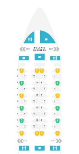 United Polaris 787 Review - Seat map for the 787-10 Business Class cabin in 1-2-1 layout, highlighting best seats and layout for lie-flat premium travel