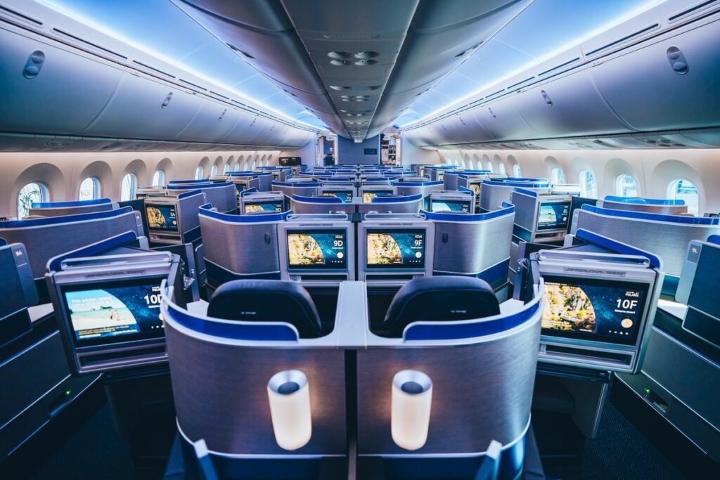 United Polaris 787-10 Business Class cabin interior with 1-2-1 seating layout and seatback screens ready for boarding