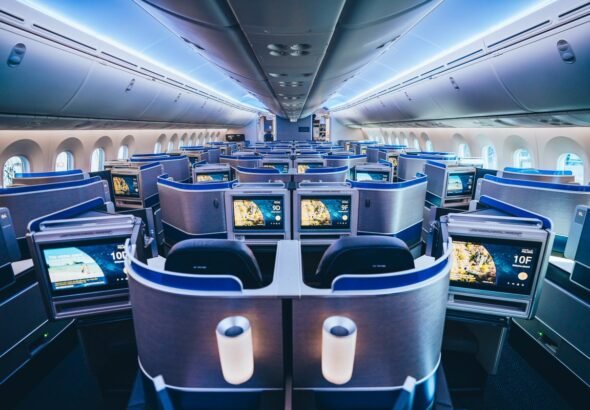 United Polaris 787-10 Business Class cabin interior with 1-2-1 seating layout and seatback screens ready for boarding