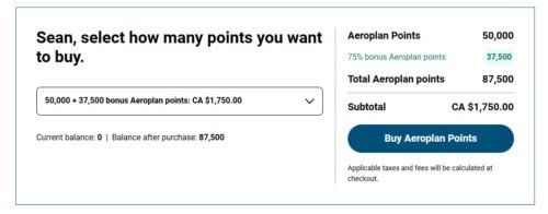 Air Canada buy points promo example 75% bonus