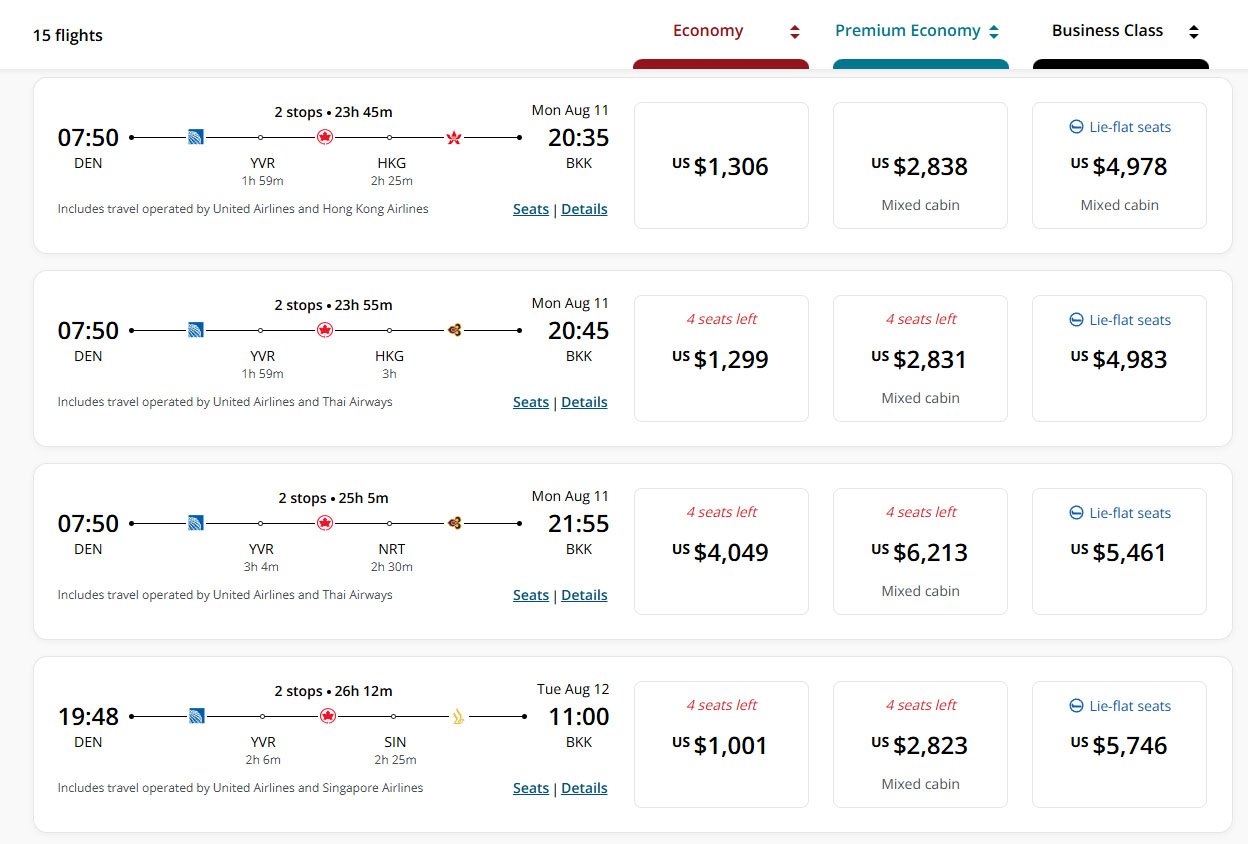 ir Canada cash price Denver to Bangkok business class August example