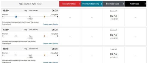 Air Canada points price Denver to Bangkok business class August example