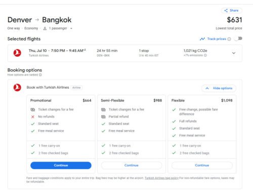 Example economy fares Denver to Bangkok August